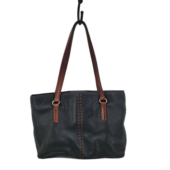 Fossil Black Genuine Leather Tote Bag Pebble Brown Embroidery Western City Med - Picture 1 of 12